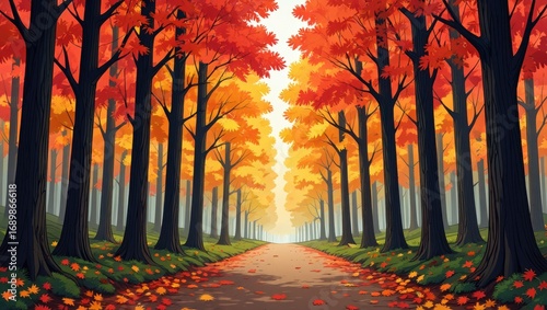 Autumn forest path lined with vibrant trees and fallen leaves
