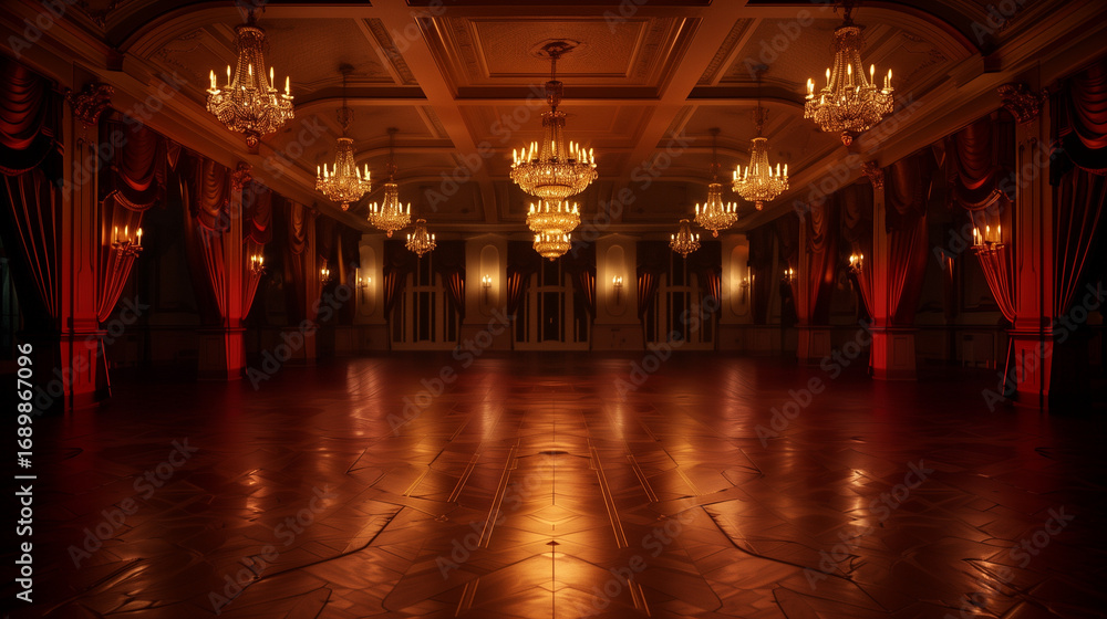 Fototapeta premium Red Gothic Ballroom with Chandelier Lights and Haunted Halloween Vibes