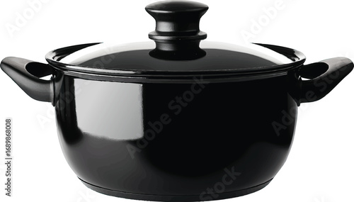 Black Cooking Pot with Lid Isolated on White Keywords: cooking pot, saucepan, kitchenware