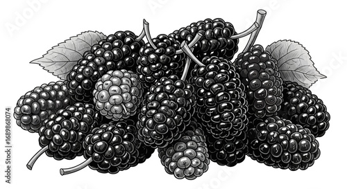 Black and White Illustration of Fresh Mulberries with Leaves Isolated