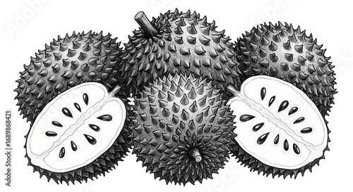 Detailed monochromatic illustration displaying a group of soursop fruits