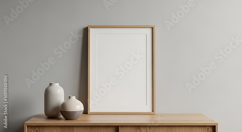 Minimalist Home Decor with Wooden Table and Framed Picture.