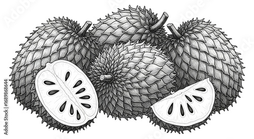 Detailed monochrome illustration of soursop fruits with segmented peels