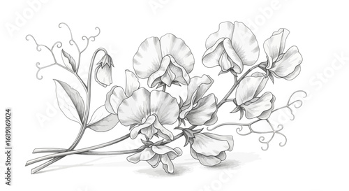 Elegant monochromatic illustration featuring sweet pea flowers with delicate lines