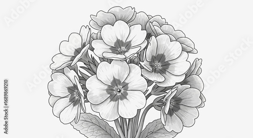 Elegant monochrome illustration of delicate primrose blooms, botanical drawing