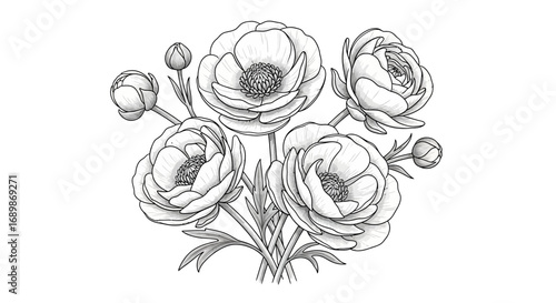 Elegant monochrome ranunculus illustration on a pristine white backdrop