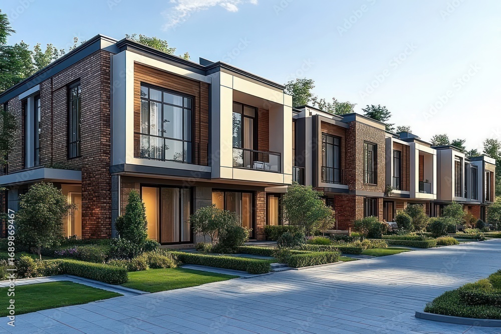 Fototapeta premium Modern row of two-story townhouses with large windows, brick and wood exterior, landscaped front yards, and clear blue sky during sunny day