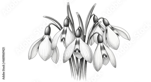 Elegant snowdrop flower cluster in monochrome vector illustration detail