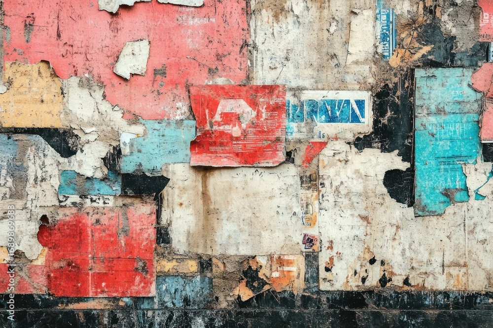 Naklejka premium Close-up of a weathered wall covered with peeling and layered faded posters and paint in various colors including red, blue, beige, and black, showing urban decay and texture