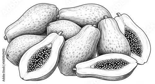 Exotic grayscale papaya composition with sketch effect illustration