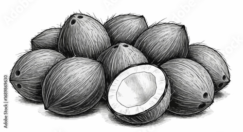 Exotic tropical monochrome coconut cluster, handcrafted illustration