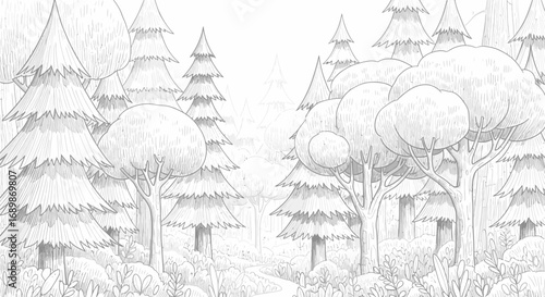 Forest scene line art illustration suitable for coloring book project
