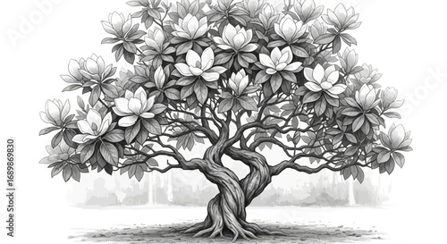 Grayscale Illustration of Magnolia Tree in Full Bloom with Swirling Trunk