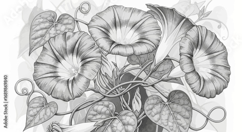 Grayscale morning glories illustration with textured petals and leaves