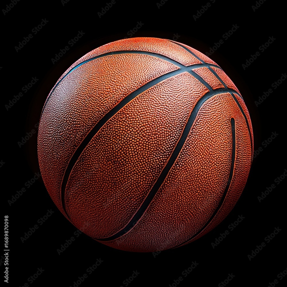 Fototapeta premium Close-up of a textured orange basketball on a black background showing detailed pebble surface and black grooves