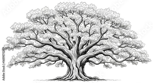 Majestic monochrome illustration of a grand old tree silhouette design