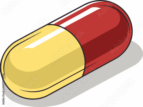 Shiny dual-colored red and yellow capsule vector illustration pharmaceutical medicine graphic