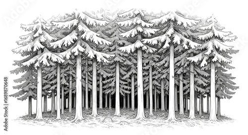 Monochromatic Illustration of a Dense Spruce Forest with Snowy Branches