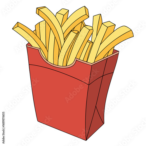 Crispy golden french fries in a vibrant red paper box vector illustration