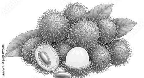 Monochromatic Rambutan Illustration Displaying Detail and Texture in a Group