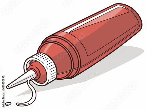 Vector illustration of a red glossy plastic ketchup squeeze bottle with a stream of sauce