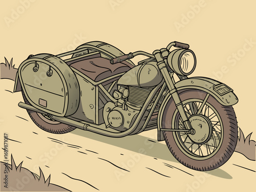 Vintage 3d military motorcycle with sidecar rugged texture vector illustration