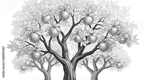 Monochrome illustration of apple trees laden with fruit in an orchard scene