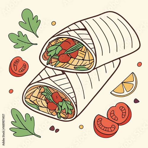 Delicious shawarma wrap illustration cut in half vector scalable food graphic