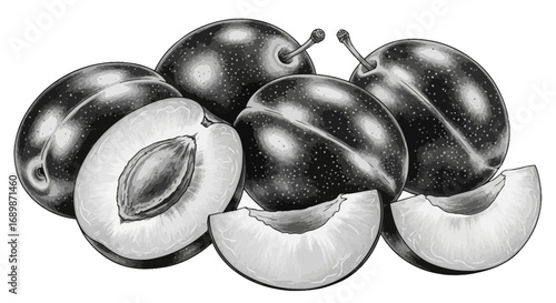 Monochrome illustration of assorted plums, some sliced in segments