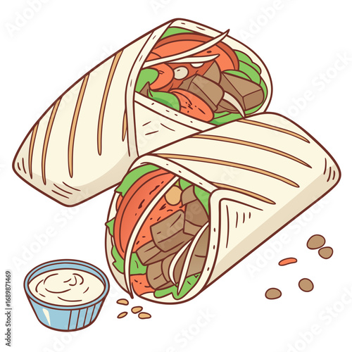 Two delicious 3d shawarma wraps cut in half with dipping sauce vector illustration