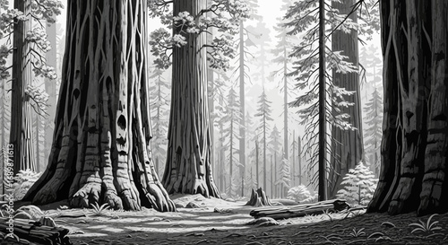 Monochrome Impression of Towering Sequoias in a Dense Atmospheric Forest