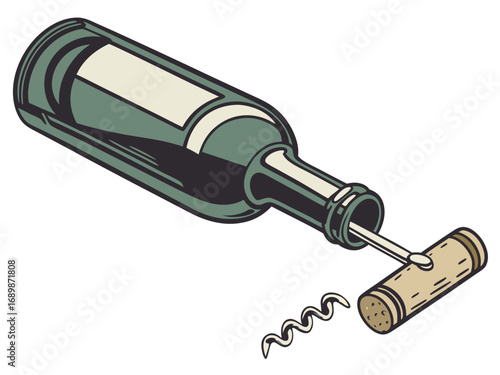3d dark green glass wine bottle with corkscrew opening illustration vector