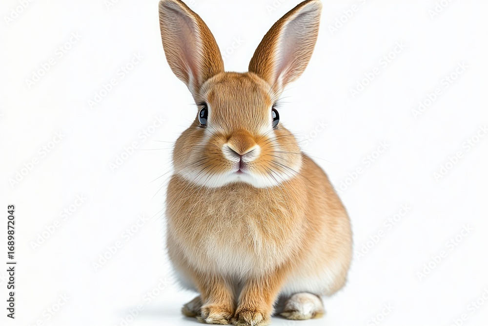 Fototapeta premium Cute light brown rabbit with upright ears sitting and looking forward against a white background