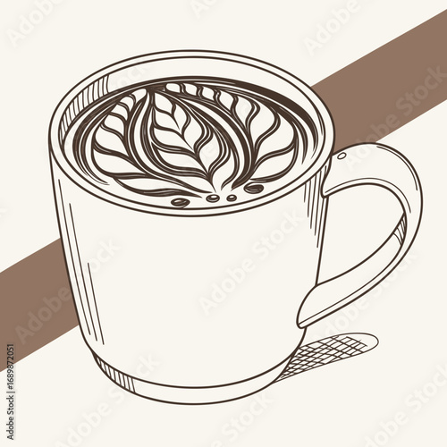 Vector illustration of a cappuccino mug with detailed frothy latte art design