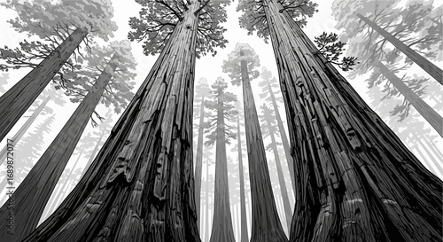 Monochrome upward view of majestic sequoia trees in a peaceful forest