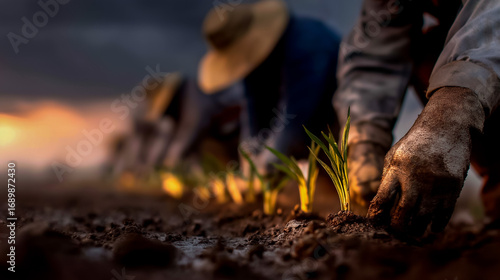 A montage of seedling transplanting into field rows with a slow crane-out