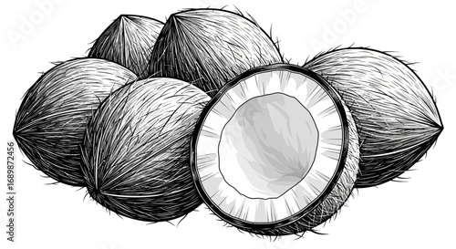Stylized monochrome illustration of whole and halved coconuts heap, vector