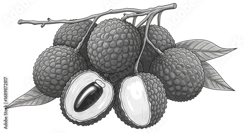 Monochrome Delight: A Detailed Lychee Fruit Still Life Botanical Illustration