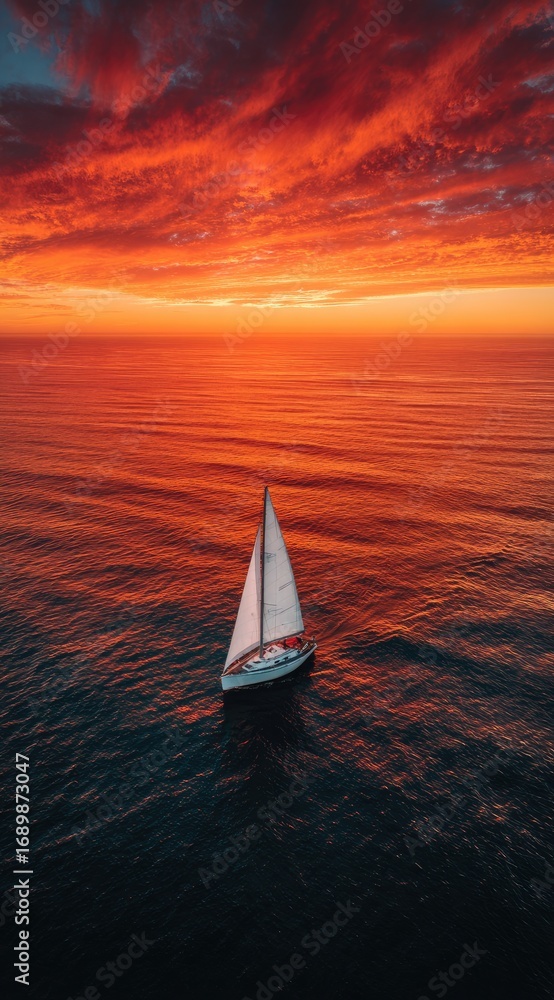 Fototapeta premium A lone sailboat navigates tranquil dark waters under a fiery, vibrant sunset sky, the intense orange and red hues reflecting subtly on the ocean's surface
