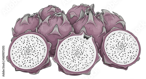 Vivid Dragon Fruit Display: Whole and Sectioned Exotic Produce Arrangement