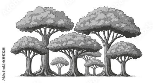 A tranquil grayscale forest illustration showcasing layered, detailed trees