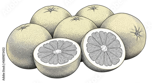 Artistic pomelo arrangement in monochrome shades, showcasing tropical essence