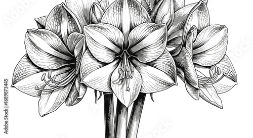 Artistic rendering of striking amaryllis flowers, sketched in monochrome