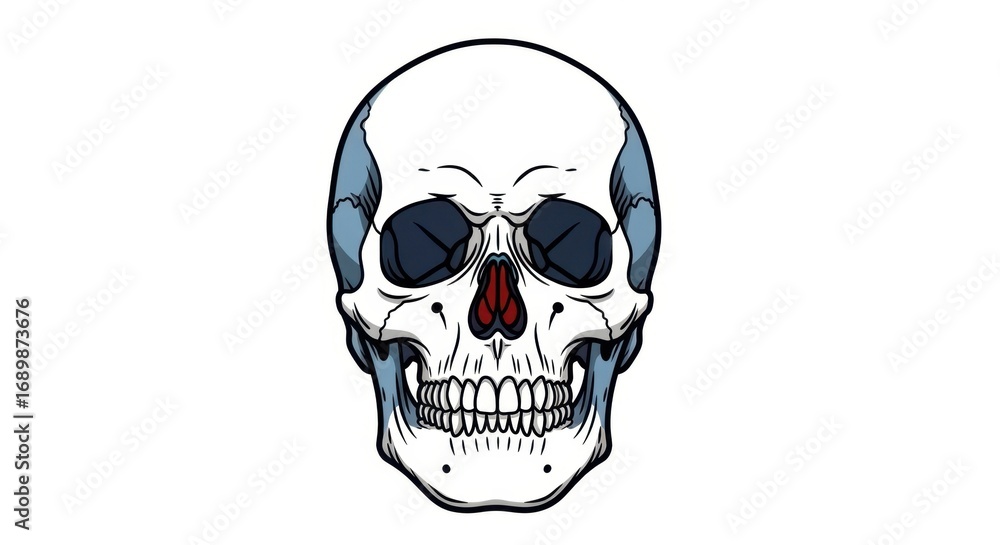 Fototapeta premium Detailed Skull Illustration with Blue and Red Accents on White.