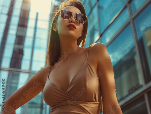 Confident woman in tight dress posing outdoors, urban fashion style.