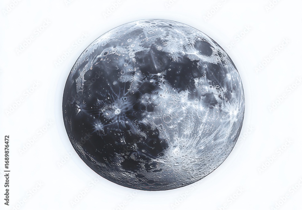 Obraz premium Detailed close-up image of the full moon showing craters and lunar surface textures with a bright glowing effect on a white background