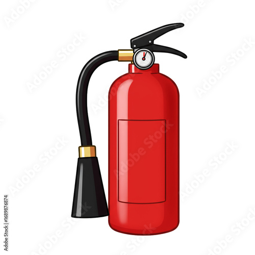 A vibrant red fire extinguisher, depicted in a clean cartoon style with a black hose and pressure gauge, stands ready for emergency use on a black background.