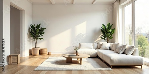 Serene minimalist living room featuring a neutral color palette, simple furniture, and natural light streaming through large windows, creating a calm and airy atmosphere ,  Scandinavian,  serene