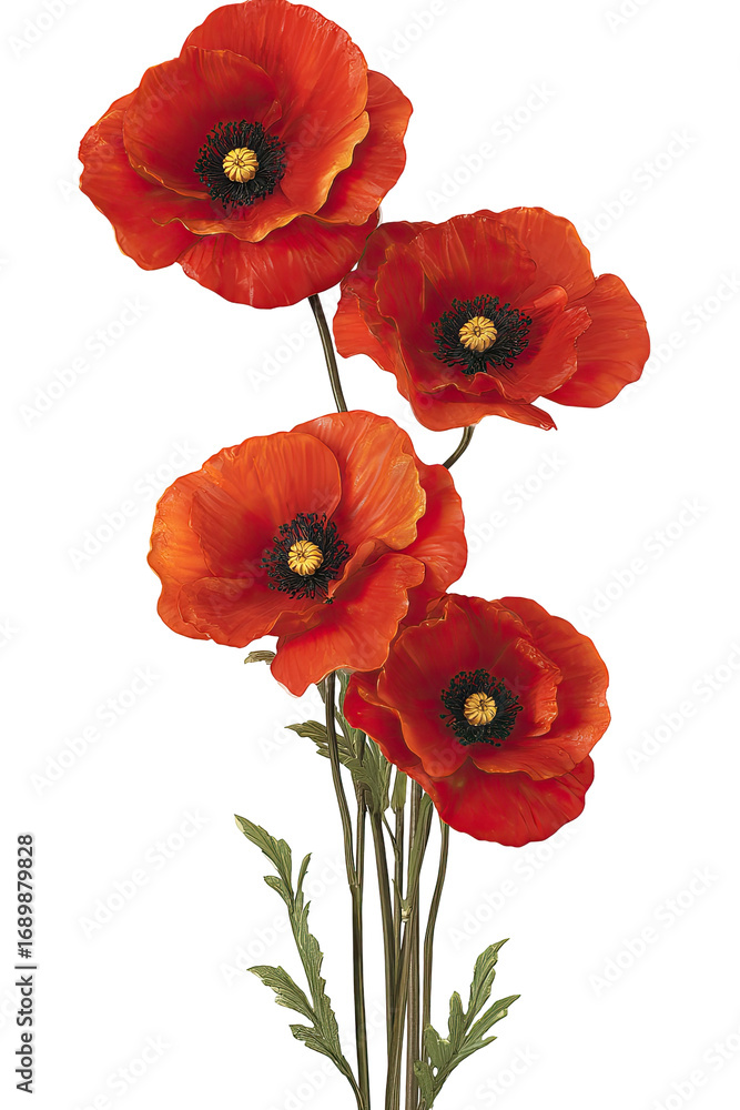 Obraz premium Four vibrant red poppies, detailed blooms on dark stems