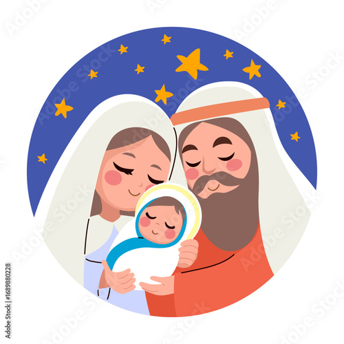 Beautiful cartoon illustration of Mary and Joseph lovingly embracing baby Jesus in a circle composition representing the holy nativity scene for Christmas and religious celebrations